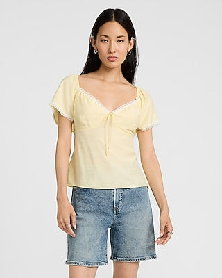 Express Women's Lace Trim Sweetheart Short Sleeve Tie Front Top in Yellow Small