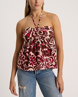 Express Women's Printed Tie Halter Ruched Bow Tank Top in Pink Print