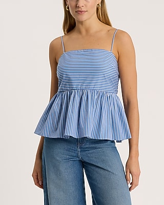 Express Women's Striped Square Neck Smocked Bow Back Peplum Cami in Navy Stripe