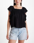 Express Women's Square Neck Flutter Sleeve Ruffle Top in Pitch Black