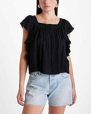 Express Women's Square Neck Flutter Sleeve Ruffle Top in Pitch Black
