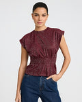 Express Women's Shine Crew Neck Cap Sleeve Cinched Waist Top in Wine