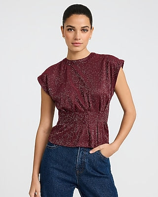 Express Women's Shine Crew Neck Cap Sleeve Cinched Waist Top in Wine