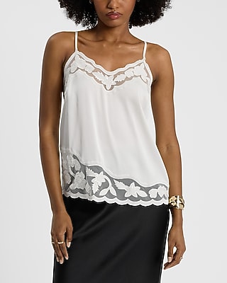 Express Women's Sheer Embroidered Pieced V-Neck Downtown Cami in Ivory