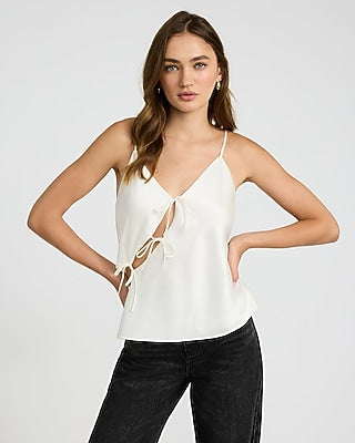 Express Women's Satin V-Neck Asymmetrical Bow Front Cami in Ivory