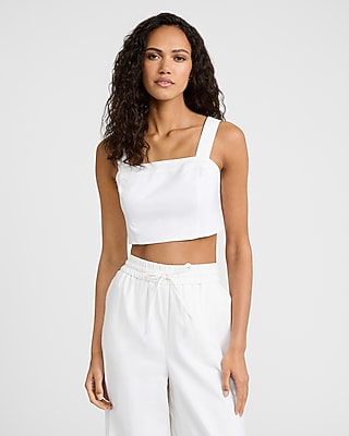 Express Women's Linen-Blend Square Neck Tie Back Crop Top in White