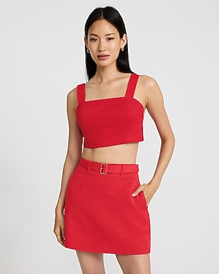Express Women's Linen-Blend Square Neck Tie Back Crop Top in Red Small