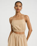 Express Women's Crinkle Elastic Hem Crop Top in Neutral Small