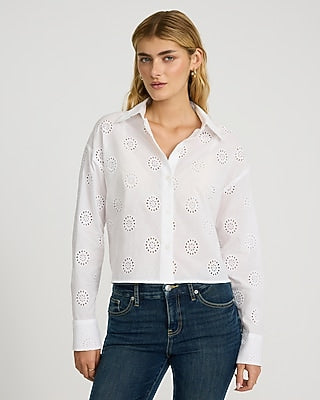 Express Women's Eyelet Cropped Boyfriend Shirt in White