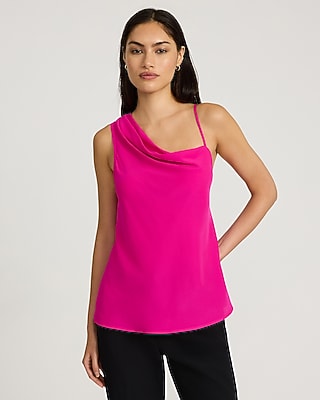 Express Women's Georgette Asymmetrical Cowl Neck Ruched Shoulder Cami in Neon Berry