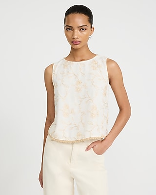 Express Women's Embroidered Crew Neck Contrast Trim Tank Top in Ivory