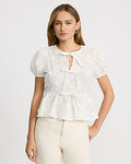 Express Women's Cotton Embroidered Floral Bow Front Peplum Top in White Small