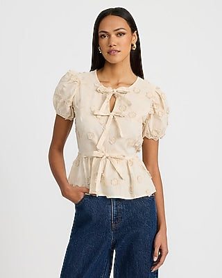 Express Women's Cotton Embroidered Floral Bow Front Peplum Top in Khaki