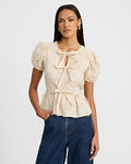 Express Women's Cotton Embroidered Floral Bow Front Peplum Top in Neutral Small