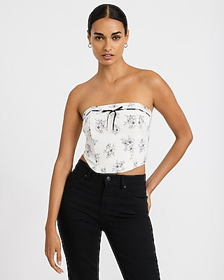 Express Women's Floral Strapless Tie Front Corset Crop Top in B&w Print