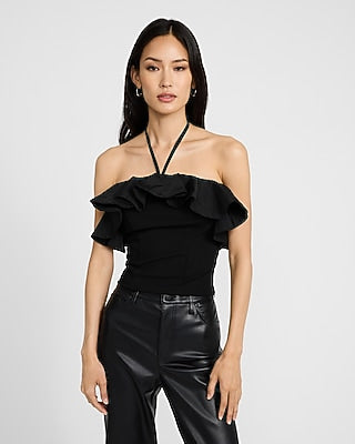 Express Women's Halter Neck Ruffled Tailored Top in Black Small