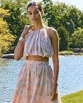 Express Women's Floral Chiffon Crop Bubble Top in Pink Print