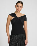 Express Women's Mixed Media Off The Shoulder Twist Front Top in Pitch Black