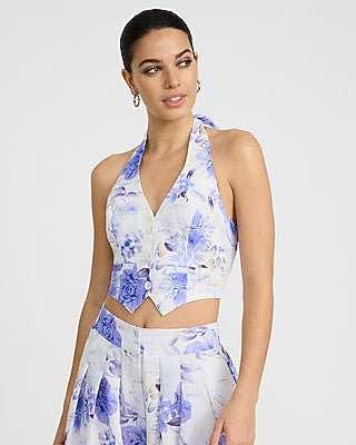 Express Women's Floral V-Neck Button Front Halter Vest in Purple Print