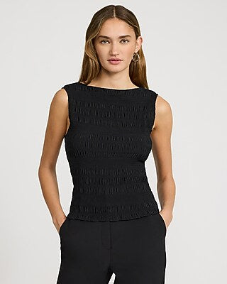 Express Women's Textured Smocked Boat Neck Tank Top in Black Small