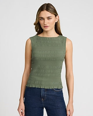 Express Women's Textured Smocked Boat Neck Tank Top in Green Small