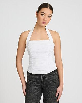 Express Women's Halter Neck Ruched Smocked Back Tank Top in White