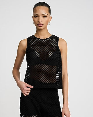 Express Women's Crochet Crew Neck Tank Top in Black Small