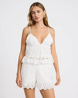 Express Women's Cotton Eyelet Embroidered V-Neck Crop Top in Off White