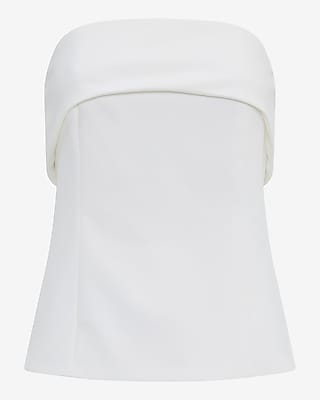Express Women's Studio Stretch Twill Fold Over Strapless Tailored Top in White Small