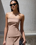 Express Women's Studio Stretch Twill Fold Over Strapless Tailored Top in Brown Small
