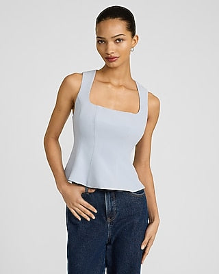 Express Women's Signature Stretch Square Neck Seamed Peplum Tailored Tank Top in Light Blue