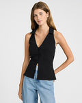 Express Women's Signature Crepe Collared V-Neck Cutaway Tailored Tank Top in Pitch Black