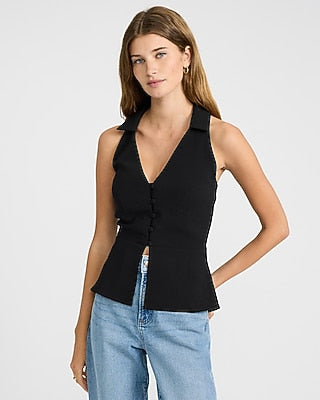 Express Women's Signature Crepe Collared V-Neck Cutaway Tailored Tank Top in Pitch Black