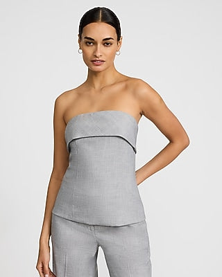 Express Women's Textured Twill Fold Over Strapless Tailored Top in Gray