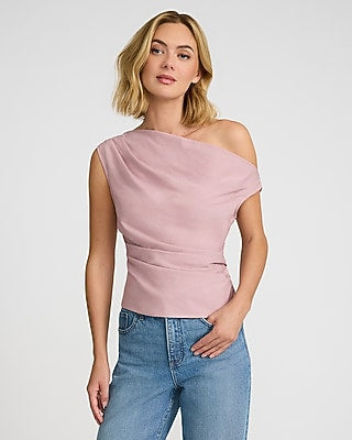 Express Women's Asymmetrical Off The Shoulder Draped Top in Pink Small