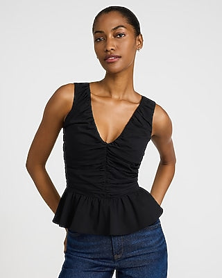 Express Women's V-Neck Ruched Peplum Hem Tank Top in Black Small