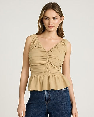 Express Women's V-Neck Ruched Peplum Hem Tank Top in Brown Small