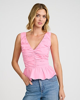 Express Women's V-Neck Ruched Peplum Hem Tank Top in Pink Small