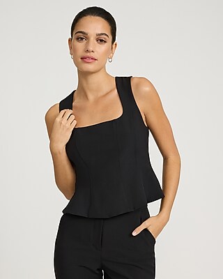 Express Women's Studio Stretch Twill Square Neck Seamed Peplum Tailored Tank Top in Pitch Black