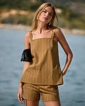 Express Women's Linen-Blend Striped Square Neck Tailored Tunic Cami in Green Small