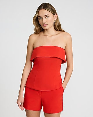 Express Women's Studio Stretch Twill Fold Over Strapless Tailoin Red Top Small