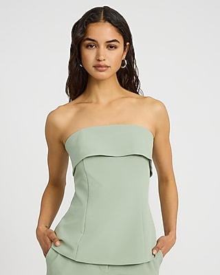 Express Women's Studio Stretch Twill Fold Over Strapless Tailored Top in Green Small