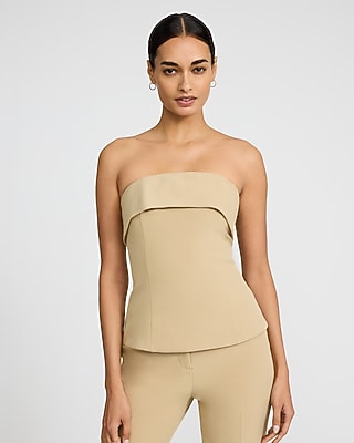 Express Women's Studio Stretch Twill Fold Over Strapless Tailored Top in Tan