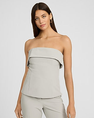 Express Women's Studio Stretch Twill Fold Over Strapless Tailored Top in Gray Small