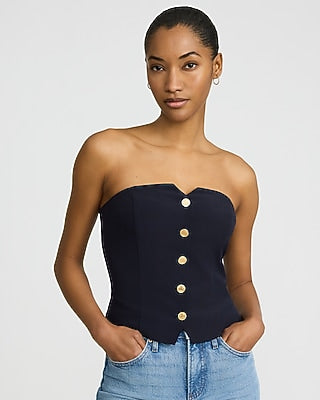Express Women's Studio Stretch Twill Strapless Gold Button Front Tailored Tube Top in Navy Blue
