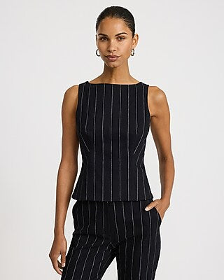 Express Women's Linen-Blend Striped Boat Neck Tailored Peplum Tank Top in Black And White Stripe