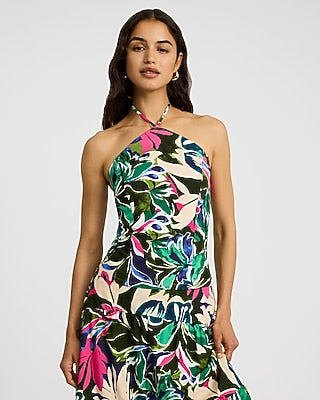 Express Women's Cotton Poplin Printed Tie Halter Smocked Back Tank Top Small