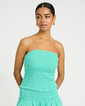 Express Women's Summer-Blend Linen Strapless Smocked Tube Top in Pacific Aqua