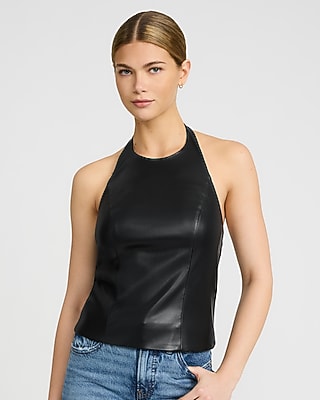 Express Women's Faux Leather Halter Tailored Top in Black Small