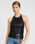 Express Women's Faux Leather Halter Tailored Top in Pitch Black